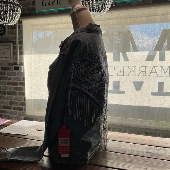 One of a Kind Handmade Denim Jacket with Paisley Design Back with Rhinestones - Picture 2 of 7